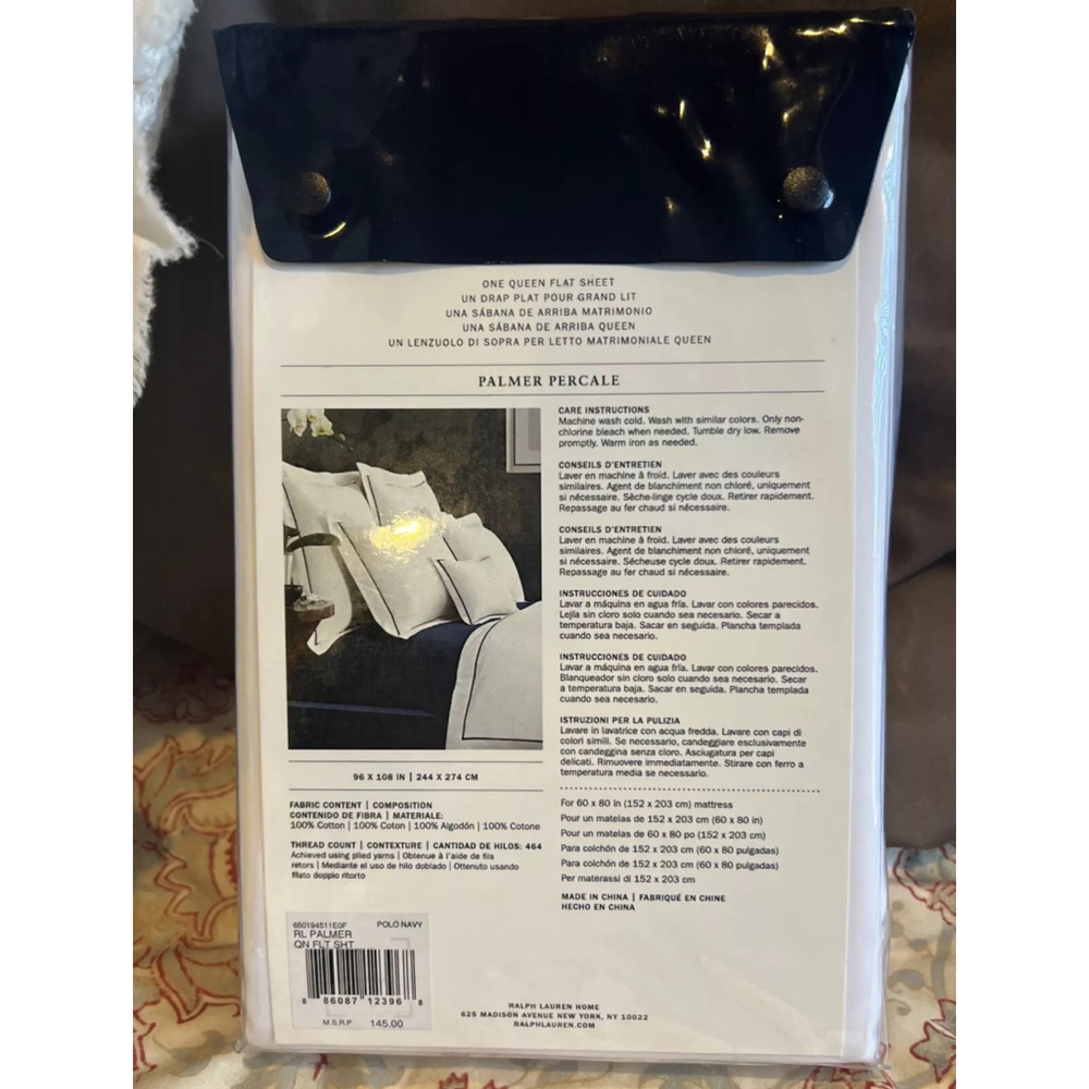 Ralph Lauren Palmer Home Queen Flat Cotton Percale Sheet White Navy Trim New - Picture 2 of 3